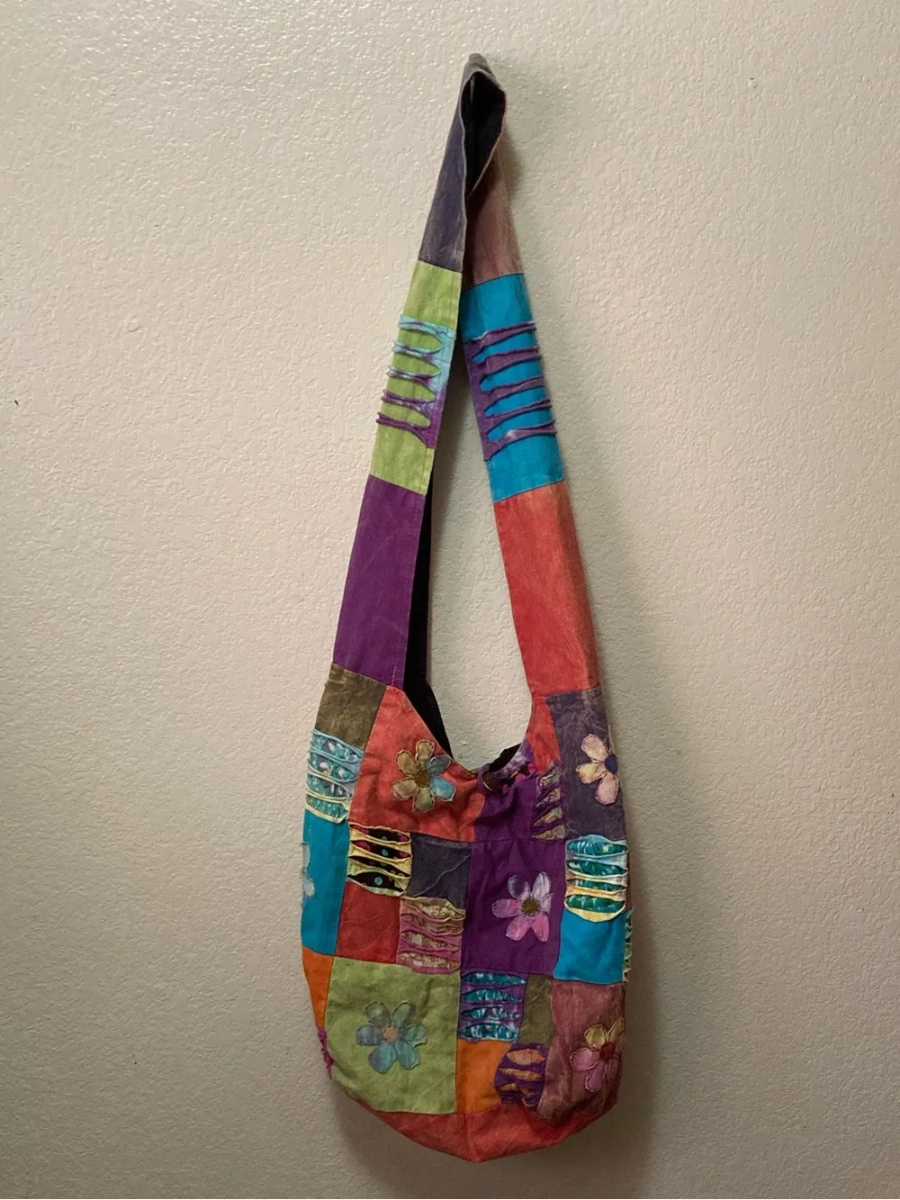 Boho Hippie Flower Colorblock Patchwork Sling Bag - Multicolor